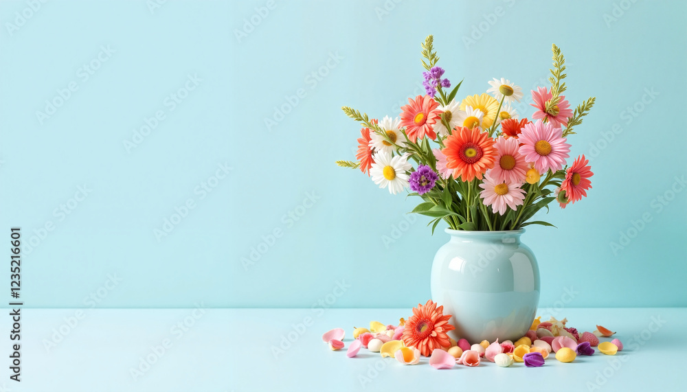 Vibrant floral arrangement in pastel vase on blue background, beauty Vibrant floral arrangement in pastel vase on blue background, beauty