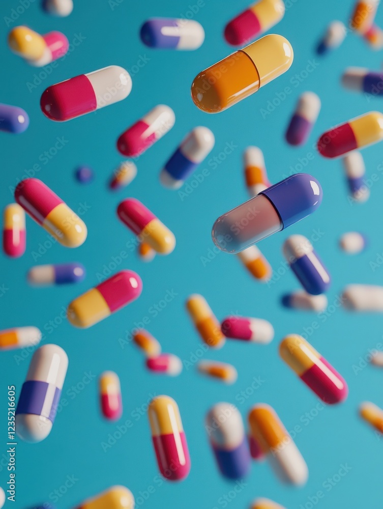 Abstract color pills on blue background. Medicine and illness concept. 3D Rendering Abstract color pills on blue background. Medicine and illness concept. 3D Rendering