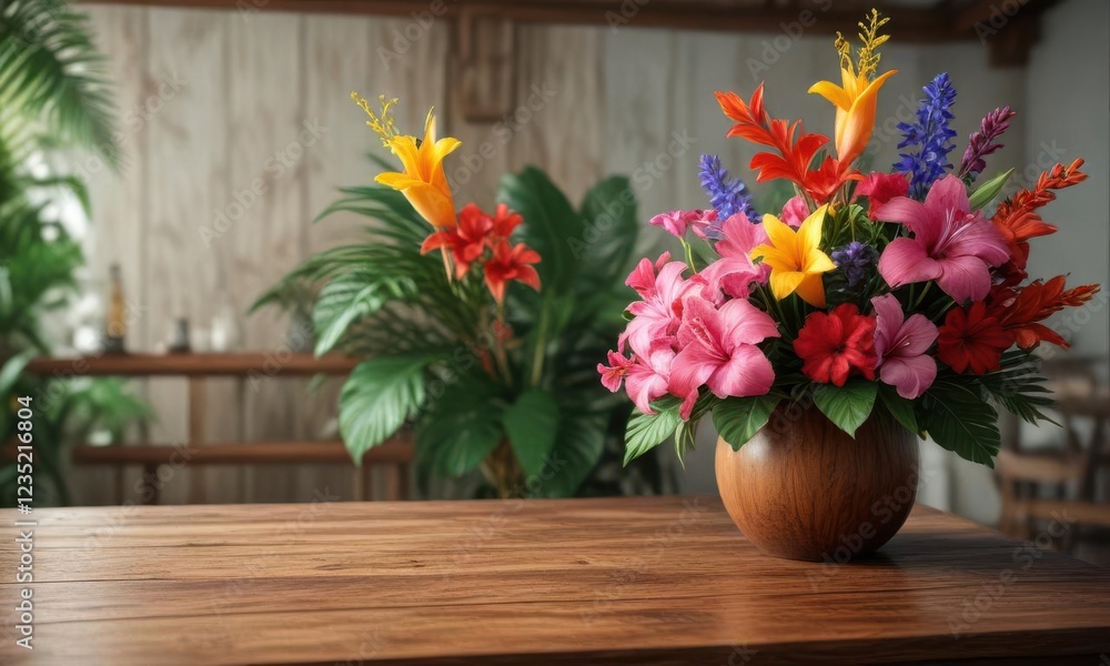 Beautiful tropical flowers arrangement on wooden table , nature, beauty Beautiful tropical flowers arrangement on wooden table , nature, beauty
