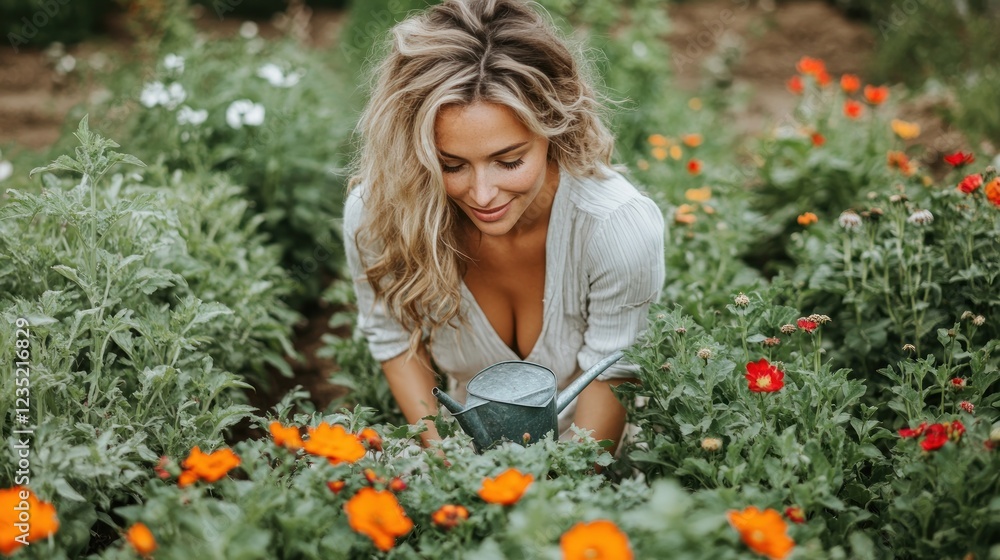 Woman watering flowers in garden, colorful blossoms Woman watering flowers in garden, colorful blossoms