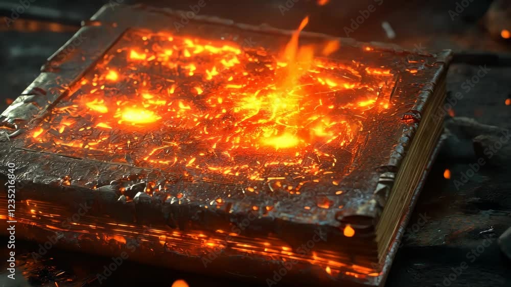 Ancient mystical book engulfed in flames inside a dark, enchanted cave during a mysterious ritual