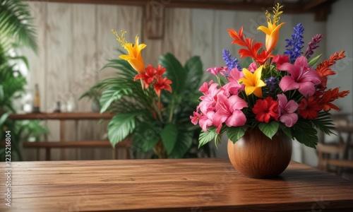 Wallpaper Mural Beautiful tropical flowers arrangement on wooden table ,  nature,  beauty Torontodigital.ca