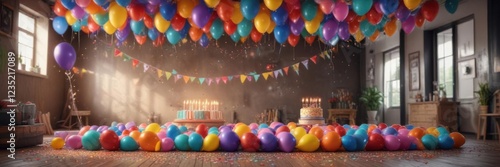 Birthday celebration with colorful decorations and balloons in a lively party atmosphere,  festivities,  happy birthday