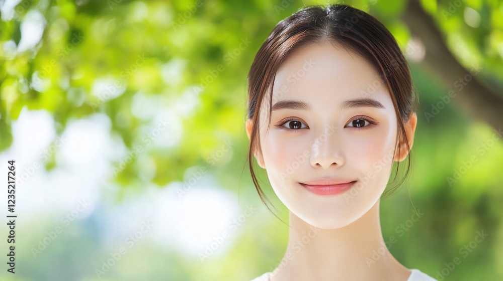 Woman smiling, outdoors, green bokeh background Woman smiling, outdoors, green bokeh background