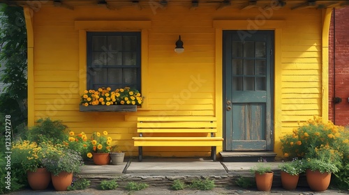A yellow house with a blue door and a bench outside