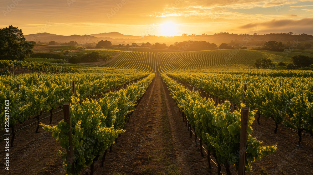 Fototapeta premium Sunrise over lush vineyard landscape with rolling hills