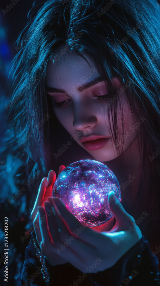 Naklejka premium Mystical woman gazing at enchanted crystal ball in dark ambiance
