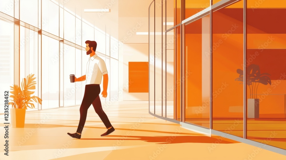 Fototapeta premium A man in a white shirt and black pants walks down a hallway with a coffee cup in his hand.