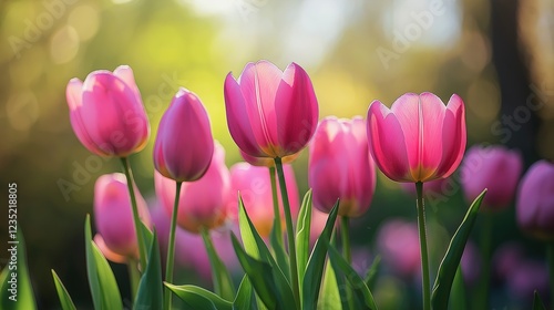 Colorful pink tulips bloom in a vibrant garden during the warm spring season
