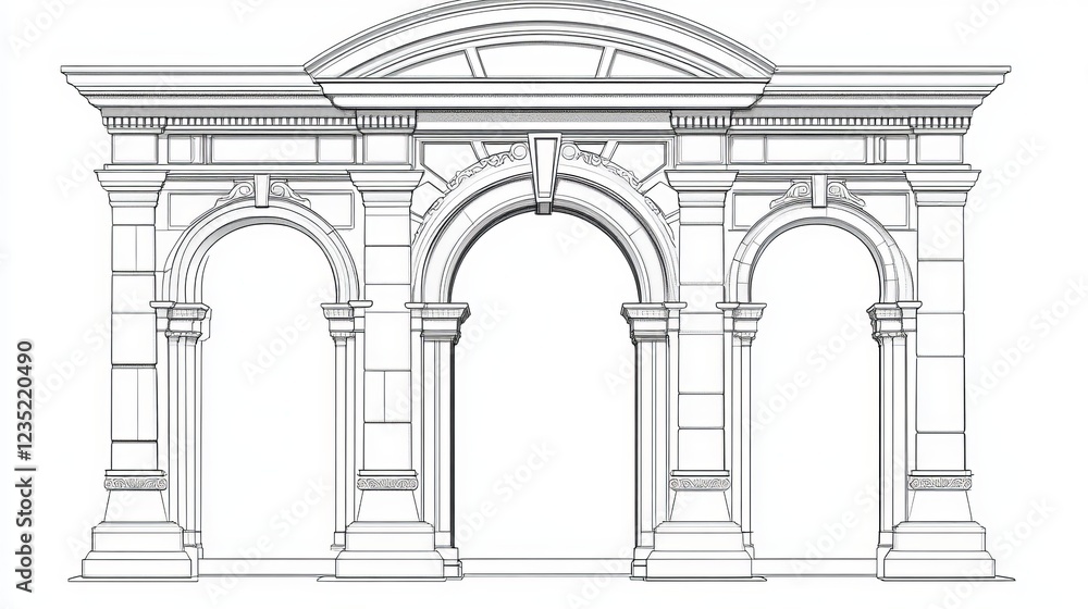 Fototapeta premium Art deco arch window and door frames, entrance doorways and gateway, vector architectural line drawing. Ancient classic architecture arch doors with arcs of Medieval temple, palace or mosque doorways
