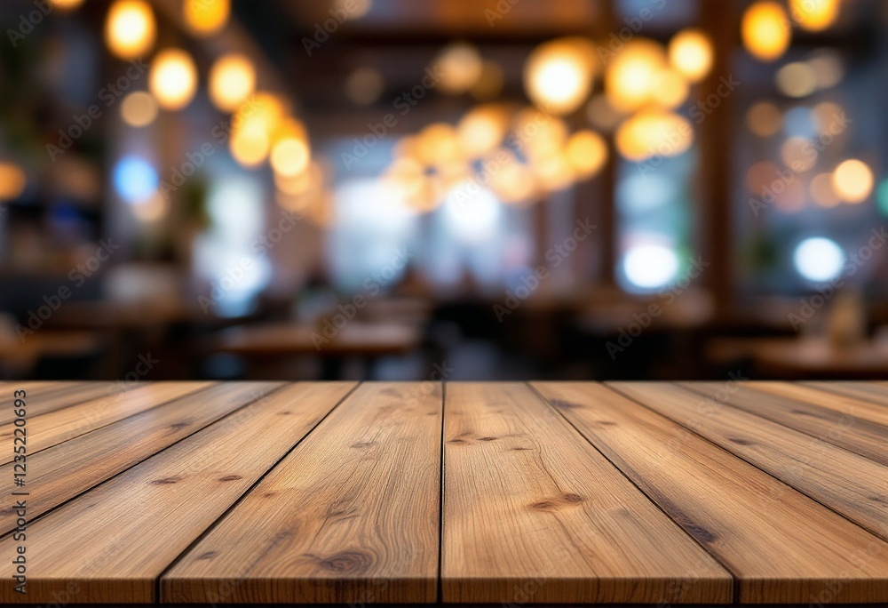 Empty wooden table with blurred restaurant interior background. Rustic bar surface with warm bokeh lights. Restaurant or cafe atmosphere for product placement or mockup Empty wooden table with blurred restaurant interior background. Rustic bar surface with warm bokeh lights. Restaurant or cafe atmosphere for product placement or mockup