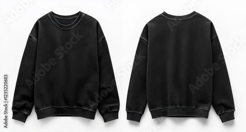 Acid Washed Black Crewneck Mockup Front And Back Isolated On White Background	