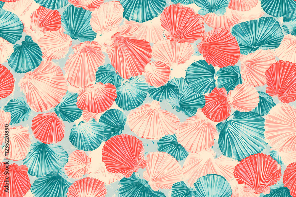Obraz premium Coral And Teal Seashells Seamless Pattern