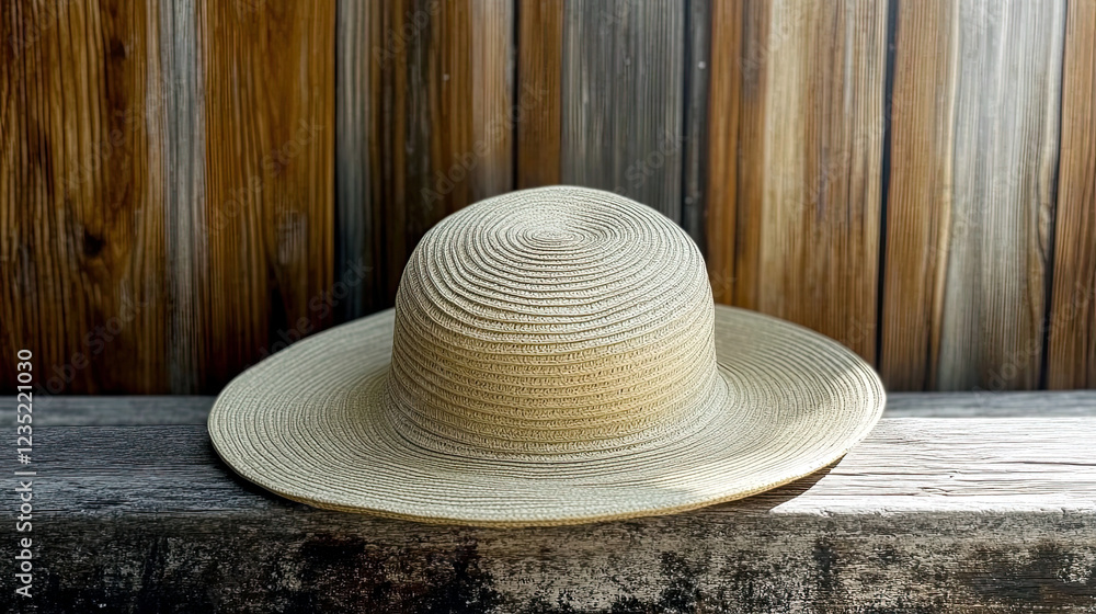 Sun Hat Resting on Wooden Table Brings Summer Vibes to a Cozy Outdoor Gathering Space Sun Hat Resting on Wooden Table Brings Summer Vibes to a Cozy Outdoor Gathering Space
