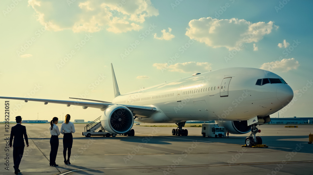 A couple of people standing in front of an airplane on a runway A couple of people standing in front of an airplane on a runway