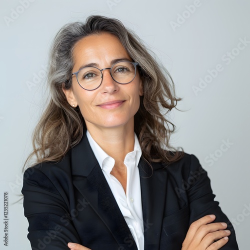 Confident woman, arms crossed, studio portrait, gray background, professional headshot