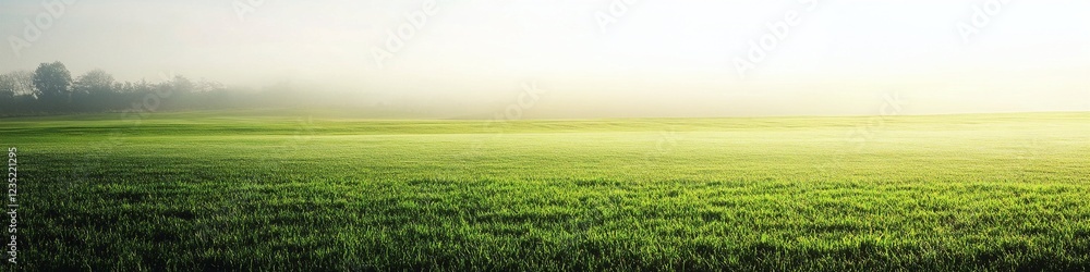 Panoramic view of misty green meadow at sunrise with golden sunlight. Golf course. Natural landscape of fresh spring grass field at dawn. Rural farmland scene with foggy horizon. Wide banner view Panoramic view of misty green meadow at sunrise with golden sunlight. Golf course. Natural landscape of fresh spring grass field at dawn. Rural farmland scene with foggy horizon. Wide banner view