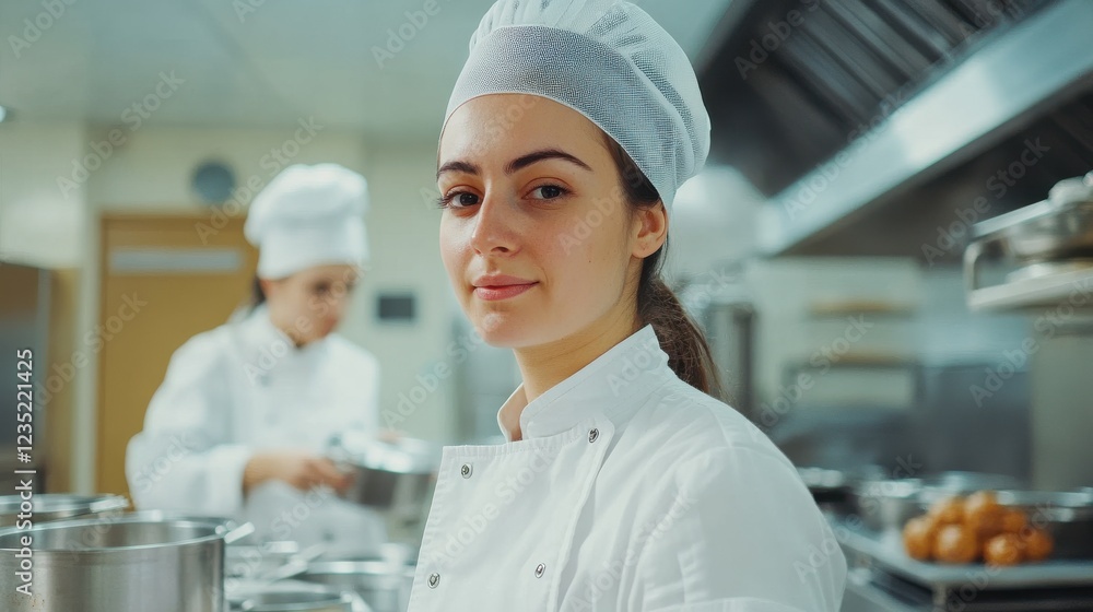 Female chef in hairnet and white uniform working in professional kitchen with metal cookware Female chef in hairnet and white uniform working in professional kitchen with metal cookware