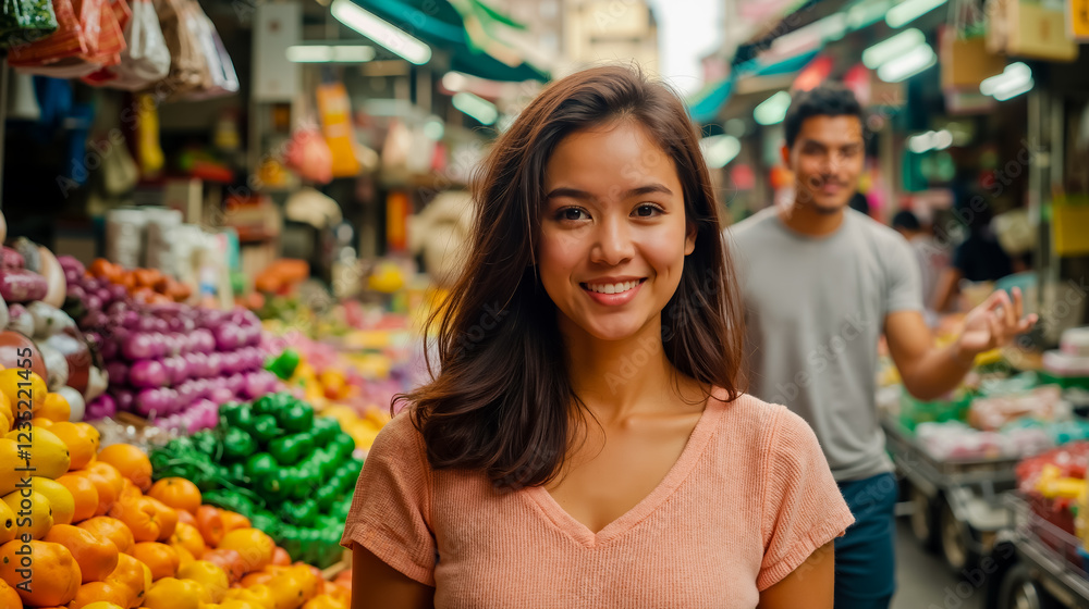 A woman standing in front of a fruit and vegetable stand A woman standing in front of a fruit and vegetable stand
