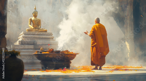 Buddhist monk in saffron robe performing sacred ritual ceremony before golden statue with rising incense smoke