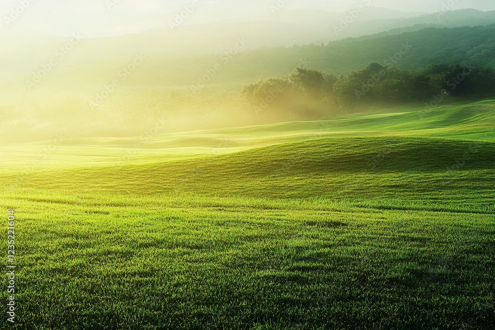 Obraz premium Golf course. Rolling green hills in misty sunrise light with golden glow. Peaceful rural landscape with fog and morning sunbeams. Natural scenery 