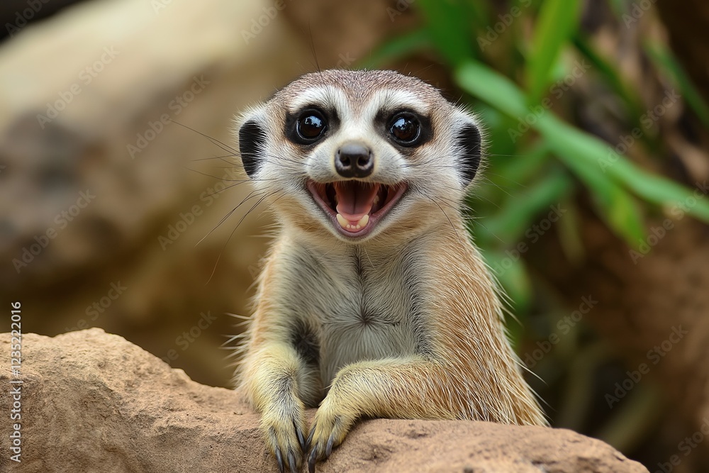 An adorable meerkat grinning widely while perched on a rock, showcasing its playful personality. An adorable meerkat grinning widely while perched on a rock, showcasing its playful personality.
