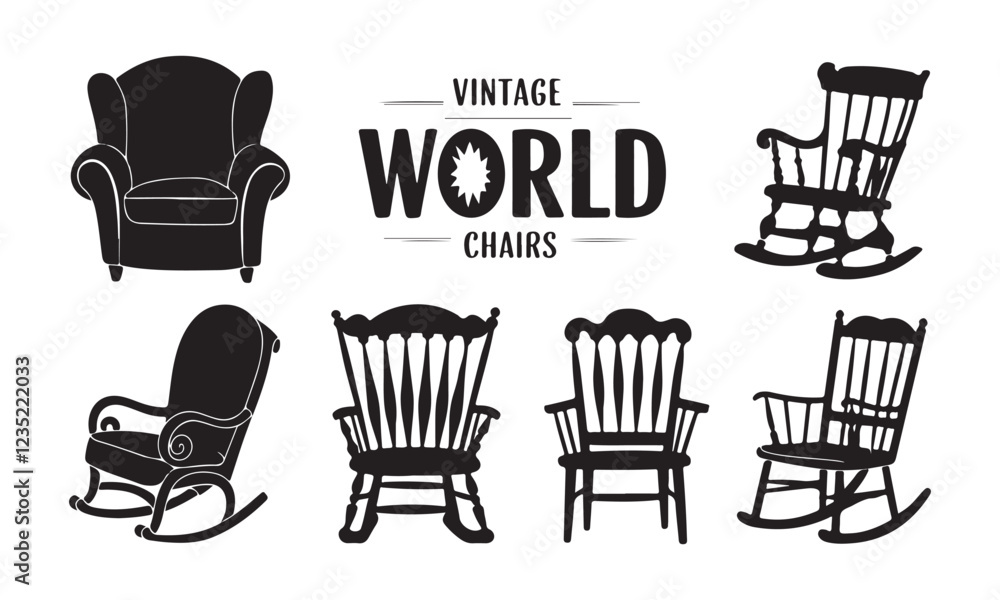 Fototapeta premium Vintage World Chairs Collection - Rocking and Armchair Silhouettes in Vector Art