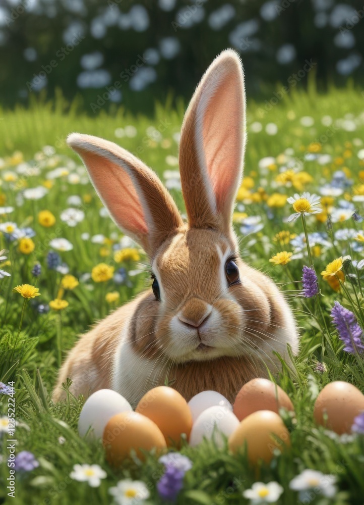 Fototapeta premium Bunny ears with eggs in a meadow amidst flowers , flowers, nature