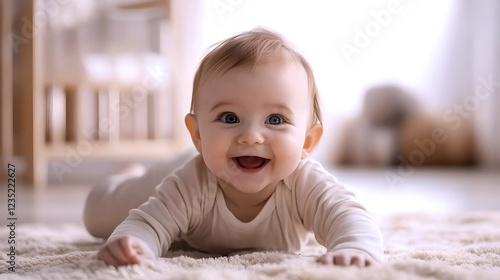 Smiling baby crawling on soft carpet  
 photo