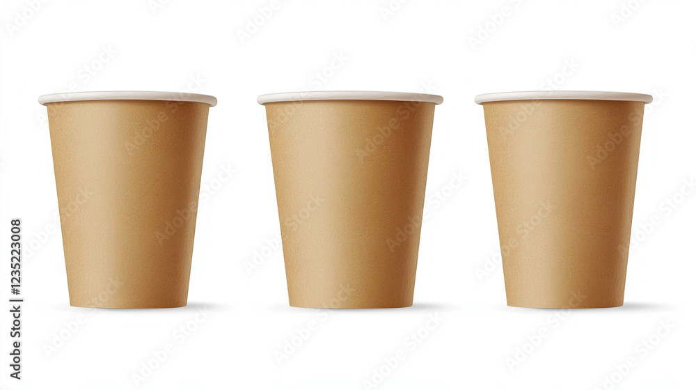 Set of Three Eco-Friendly Kraft Paper Cups on White Background Set of Three Eco-Friendly Kraft Paper Cups on White Background