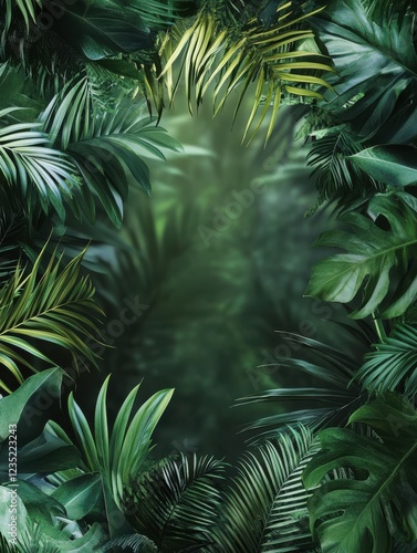 Tropical plants frame blank signboard, nature background; ideal for advertising or website banner. photo