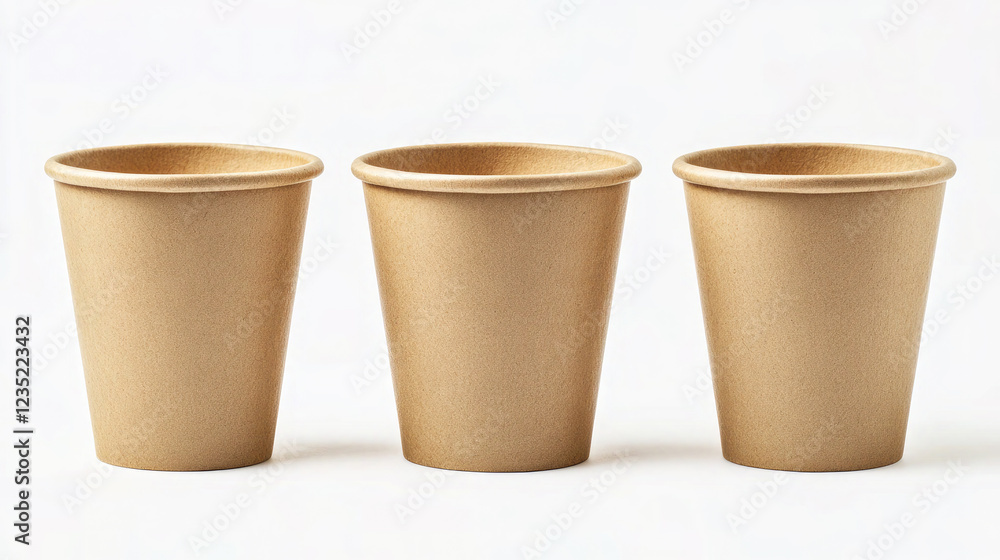 Set of Three Eco-Friendly Kraft Paper Cups on White Background Set of Three Eco-Friendly Kraft Paper Cups on White Background