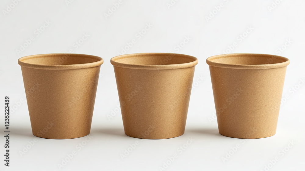 Set of Three Eco-Friendly Kraft Paper Cups on White Background Set of Three Eco-Friendly Kraft Paper Cups on White Background