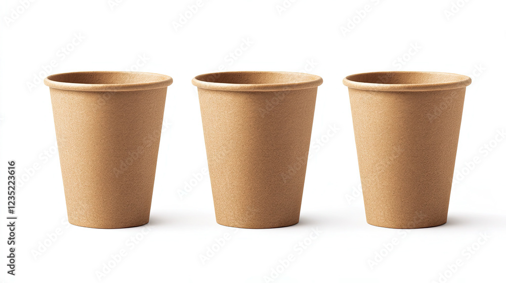 Set of Three Eco-Friendly Kraft Paper Cups on White Background Set of Three Eco-Friendly Kraft Paper Cups on White Background