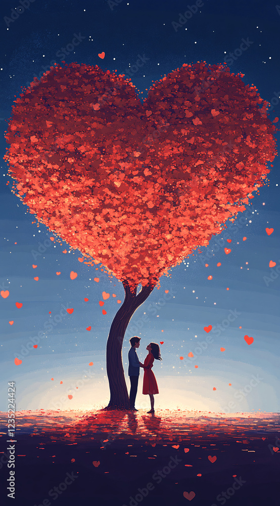 Obraz premium Romantic Digital Illustration of a Couple Standing Under a Glowing Heart-Shaped Tree, Dreamy Fantasy Scene with Warm Colors and Magical Atmosphere