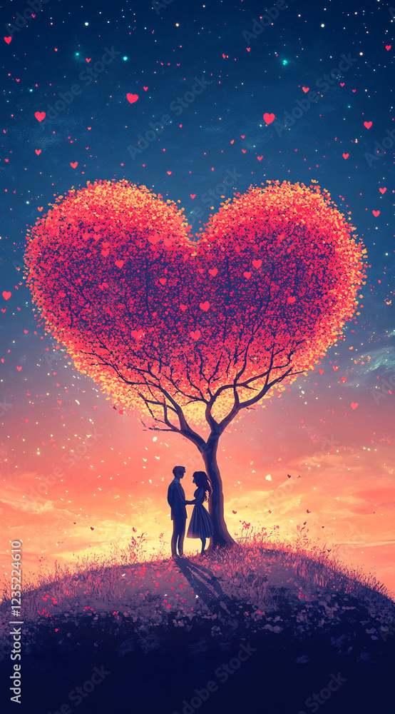 Obraz premium Romantic Digital Illustration of a Couple Standing Under a Glowing Heart-Shaped Tree, Dreamy Fantasy Scene with Warm Colors and Magical Atmosphere
