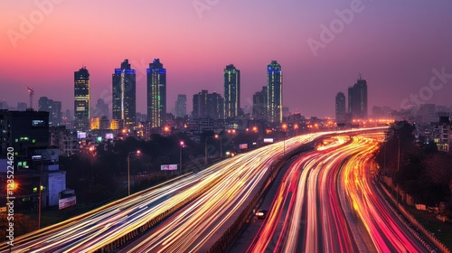 City highway sunset traffic light trails, urban skyline background, advertising
