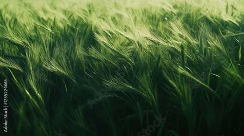 Green wheat field swaying in breeze, sunlit, rural landscape, nature background