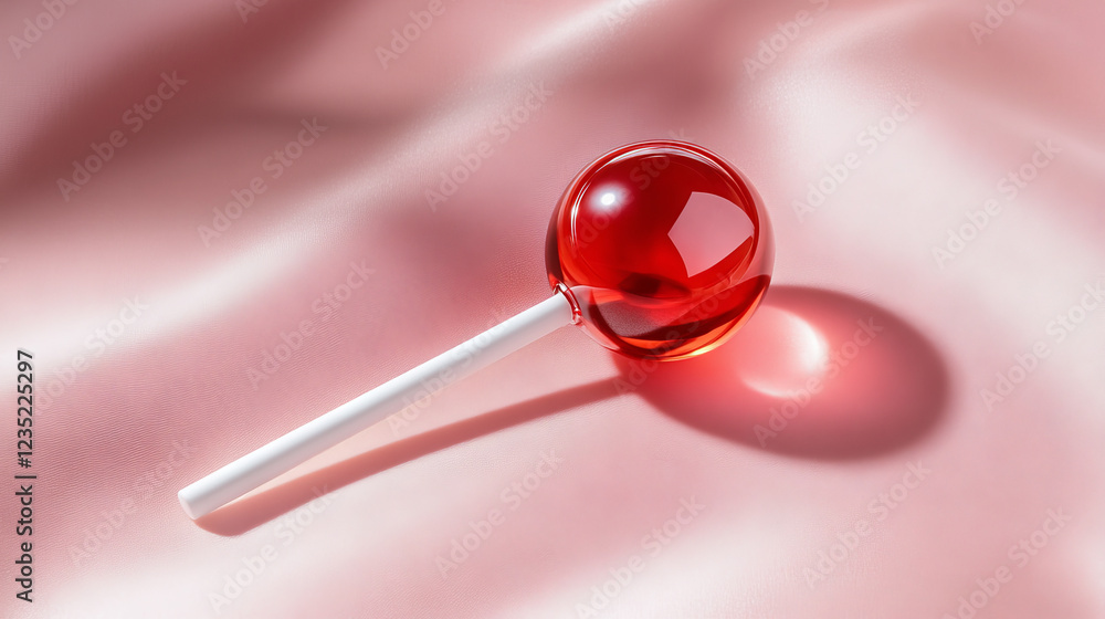 Glossy Red Lollipop on Satin Background Reflecting Sweet Indulgence and Candy Enjoyment. Concept of Treats, Childhood Memories, Sweetness, Confectionery Glossy Red Lollipop on Satin Background Reflecting Sweet Indulgence and Candy Enjoyment. Concept of Treats, Childhood Memories, Sweetness, Confectionery