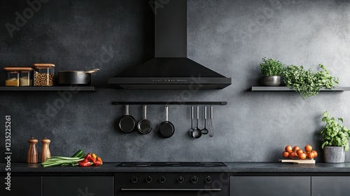 Modern black kitchen range hood, dark wall, herbs, cooking photo