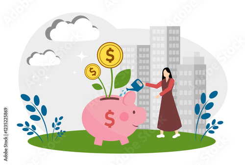 The concept of accumulating money, investing and increasing profits. A girl watering a piggy bank