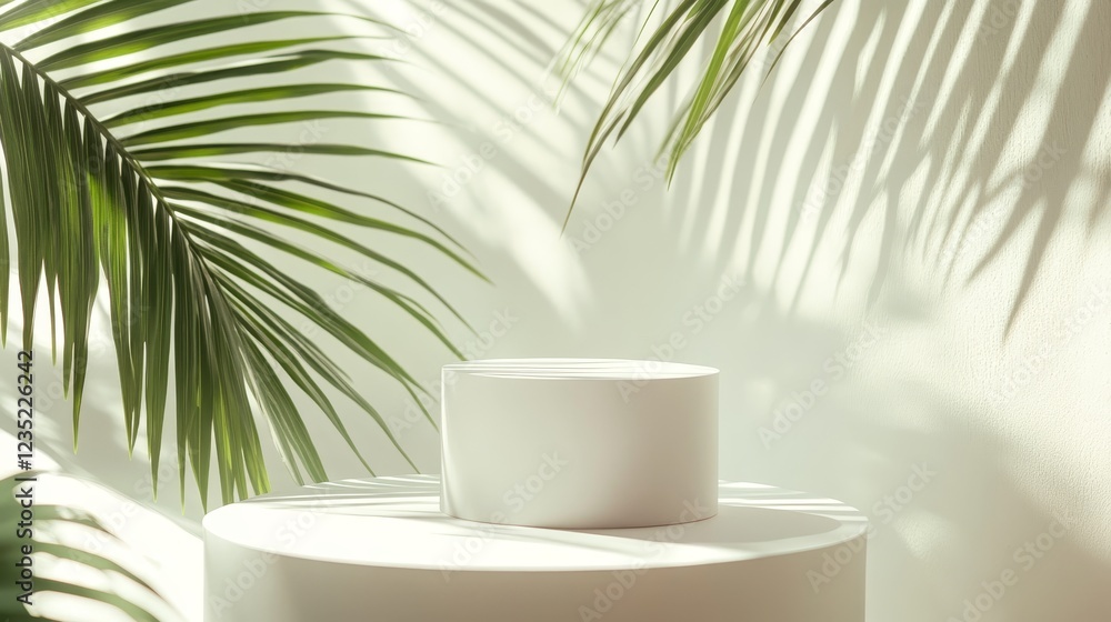 White textured podiums set against a clean background, accompanied by the natural shadow of an overhanging palm leaf, ideal for showcasing products with a tropical feel White textured podiums set against a clean background, accompanied by the natural shadow of an overhanging palm leaf, ideal for showcasing products with a tropical feel