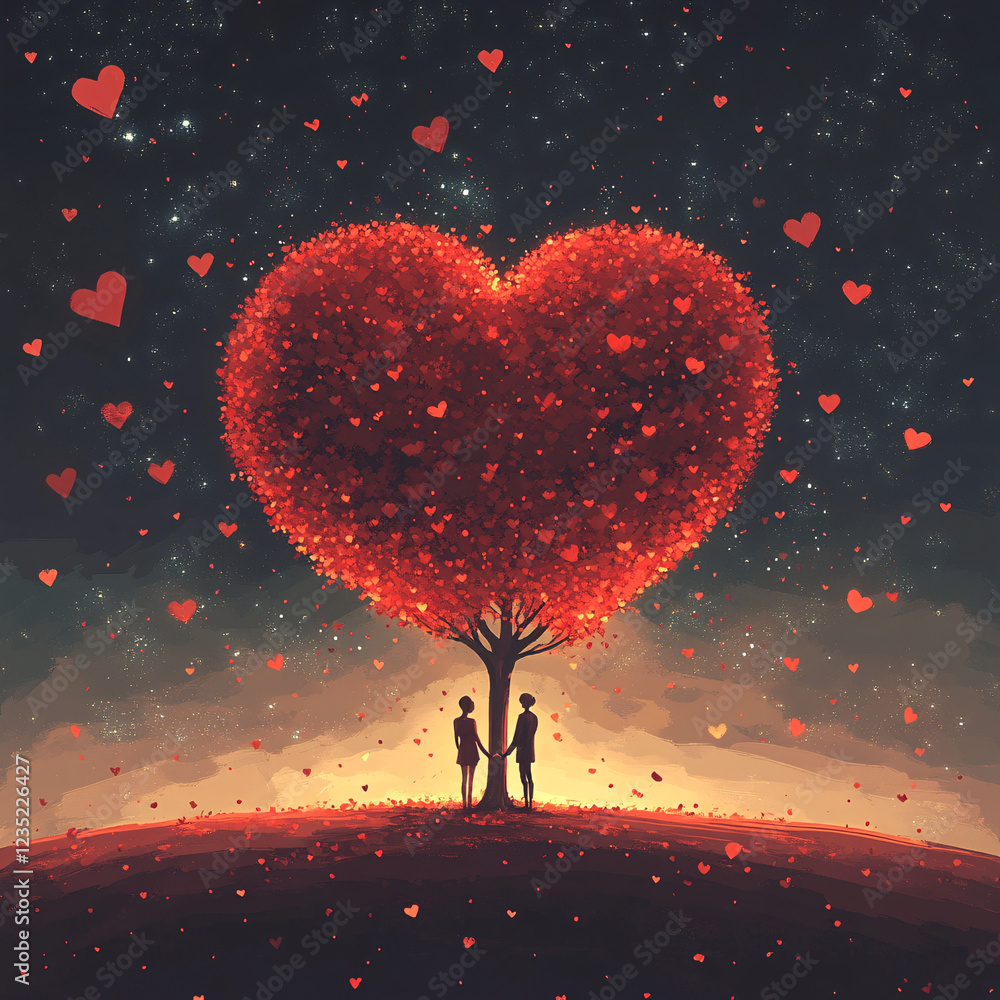 Obraz premium Romantic Digital Illustration of a Couple Standing Under a Glowing Heart-Shaped Tree, Dreamy Fantasy Scene with Floating Heart Petals and Magical Atmosphere