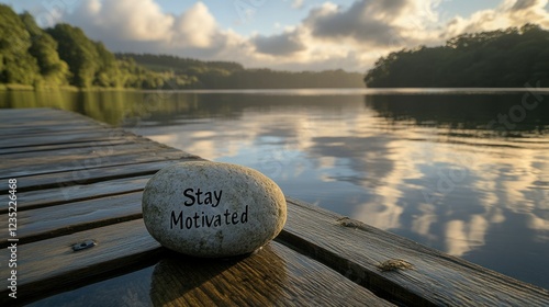 Motivational stone on dock, lake sunrise, inspiring message photo