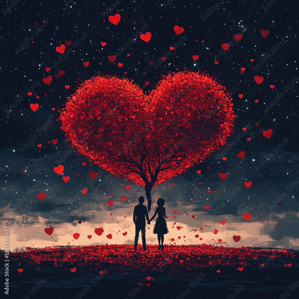 Obraz premium Romantic Digital Illustration of a Couple Standing Under a Glowing Heart-Shaped Tree, Dreamy Fantasy Scene with Floating Heart Petals and Magical Atmosphere