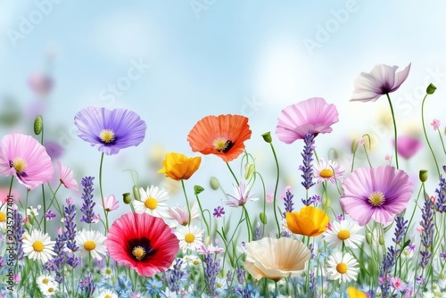 Wallpaper Mural Illustration of a vibrant wildflower field with blooming poppies, daisies, and lavender against a blue sky Torontodigital.ca