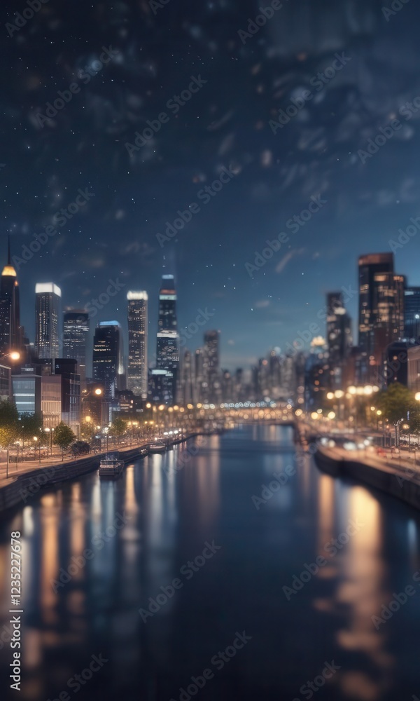 Circular bokeh of city lights against a deep blue sky, night scene, urban Circular bokeh of city lights against a deep blue sky, night scene, urban