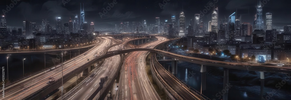 Cityscape with network of roads and highways at night, highway network, urban planning Cityscape with network of roads and highways at night, highway network, urban planning