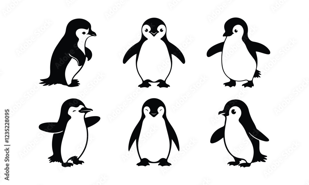 Obraz premium Ector Penguins Set - Cute Cartoon Penguins in Various Poses - Animal Illustration