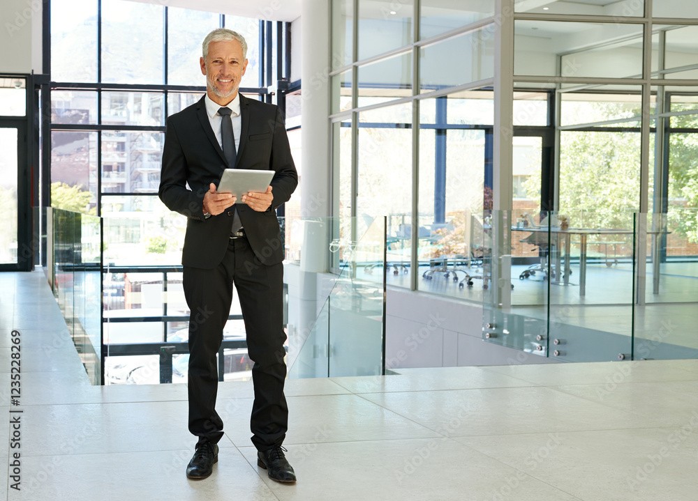 Portrait, mature and businessman with tablet in office, investment research and report information. Flare, male accountant and employee with digital for online revenue, company growth or professional Portrait, mature and businessman with tablet in office, investment research and report information. Flare, male accountant and employee with digital for online revenue, company growth or professional